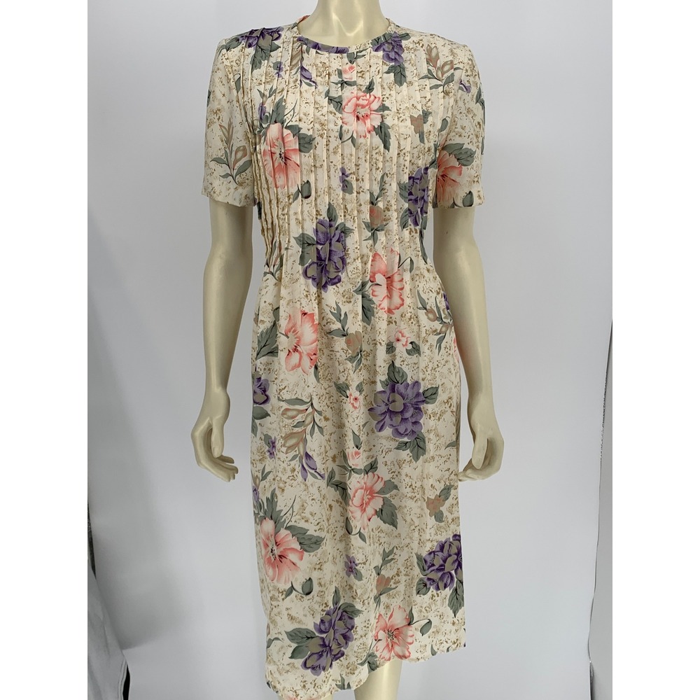 Kathie Lee Collection Floral Pleated Midi Dress Cream Purple Pink Size 6 Vintage